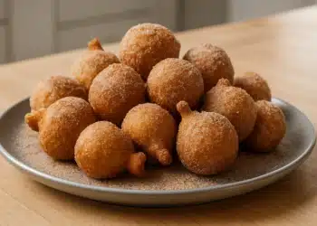 Bolinho de chuva simples e dourado, coberto com açúcar e canela, ideal para um lanche delicioso.