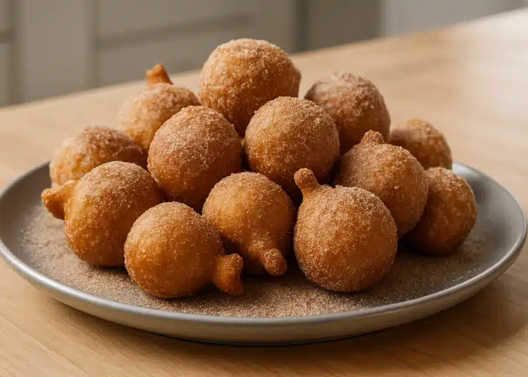 Bolinho de chuva simples e dourado, coberto com açúcar e canela, ideal para um lanche delicioso.
