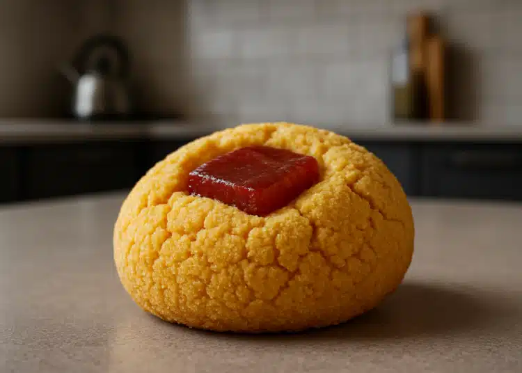 Broa de milho com pedaço de goiabada no topo, típica de padaria, com textura crocante e macia.