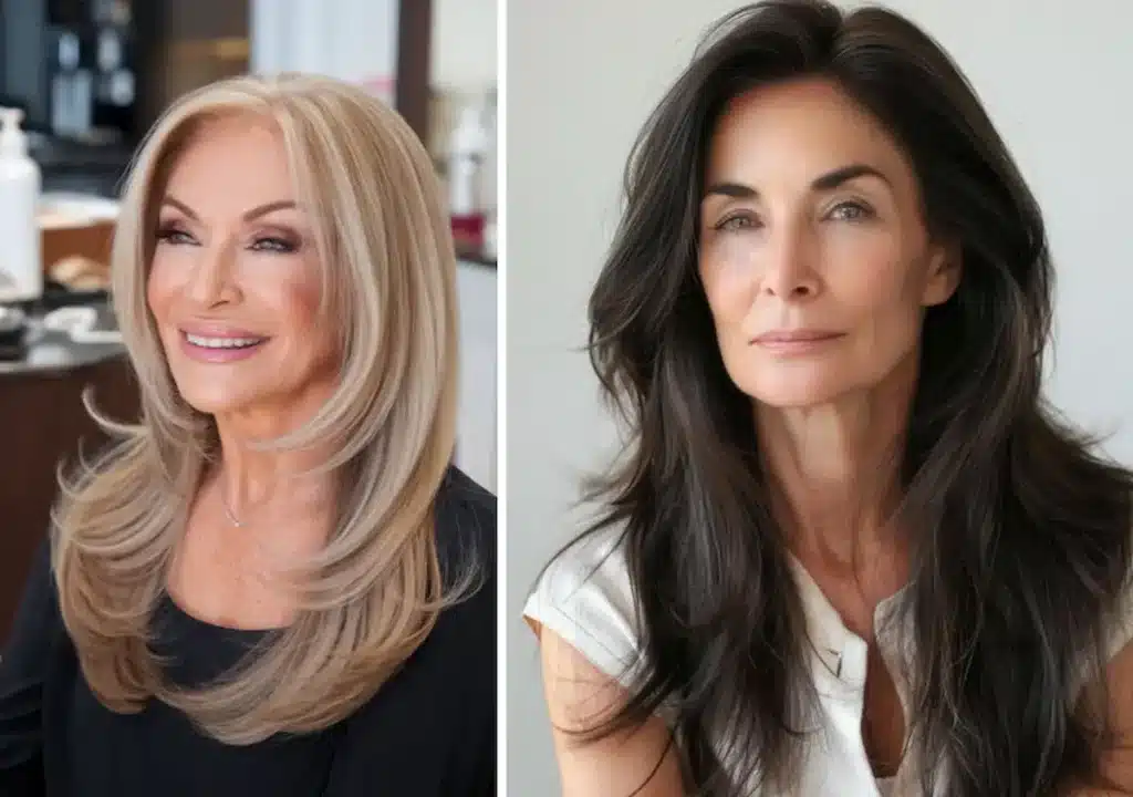Mulheres maduras com cabelo longo em camadas suaves.