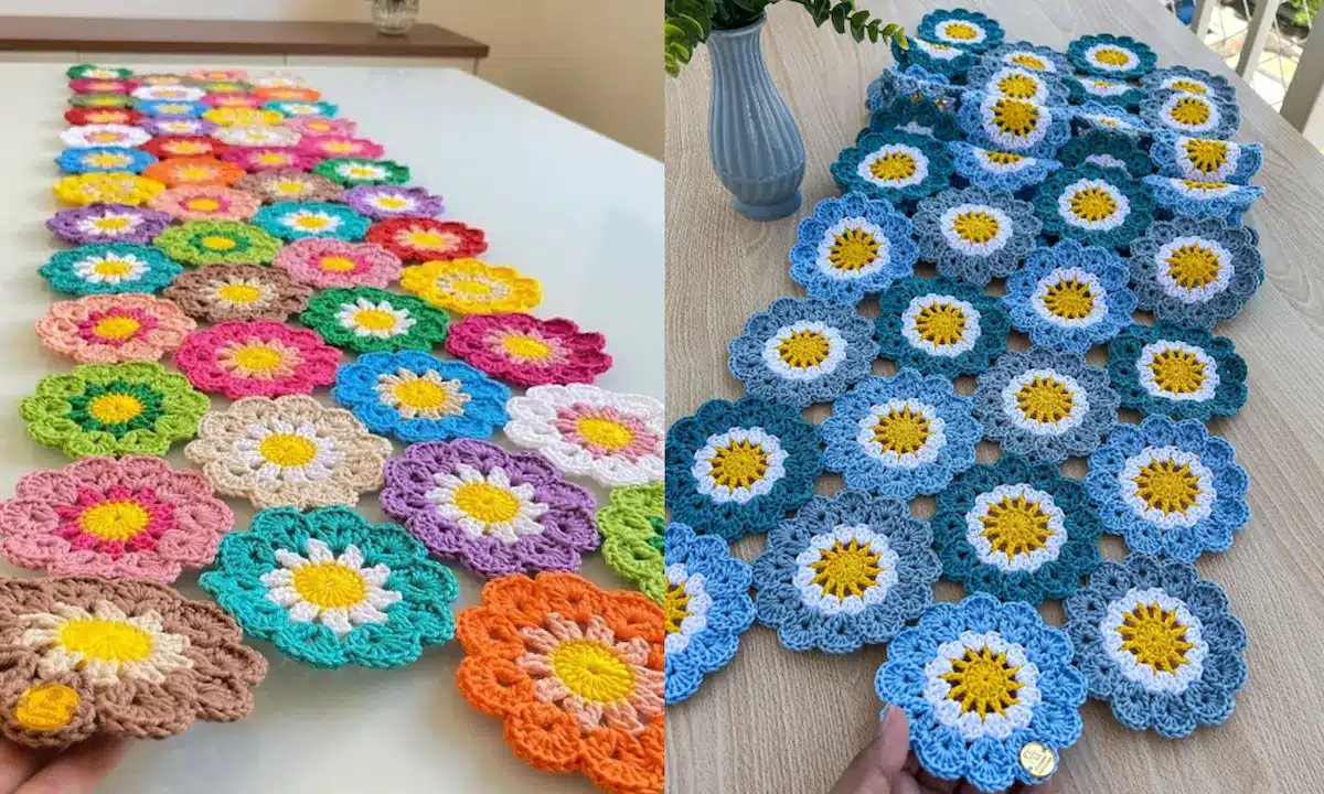 Caminho de mesa floral em crochê com flores coloridas, ideal para renovar a decoração da casa.