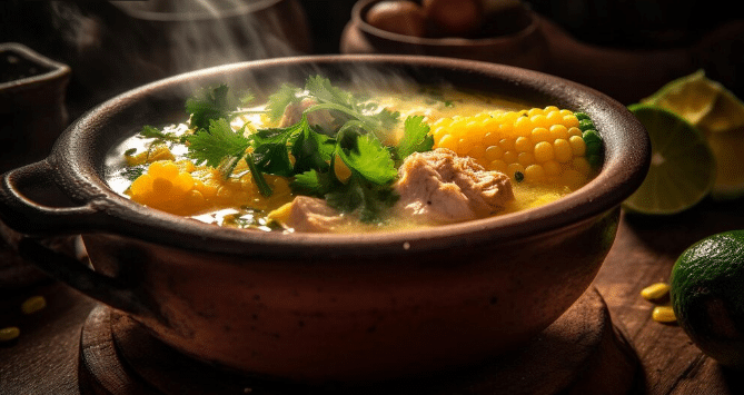 Sopa quente e fumegante com pedaços de frango, milho, coentro e limão ao lado