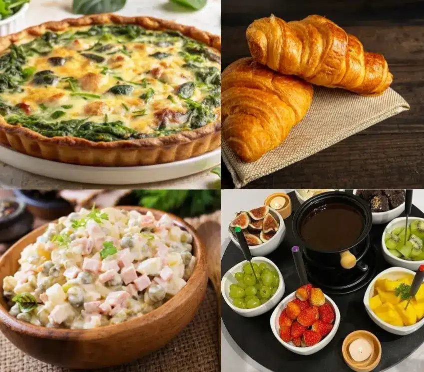 Comidas típicas dos anos 70: Quiche, Croissants, Salada Russa e Fondue.