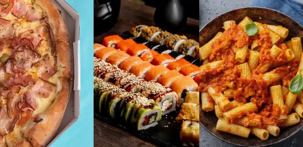 Pizza, sushi e penne alla vodka, representando a diversidade culinária nos anos 80.