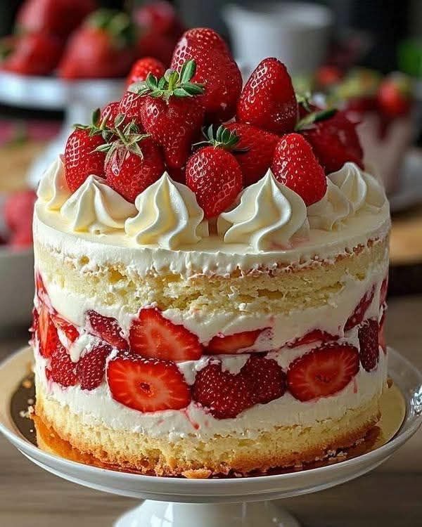 Bolo de morango recheado com creme, decorado com chantilly e morangos frescos.