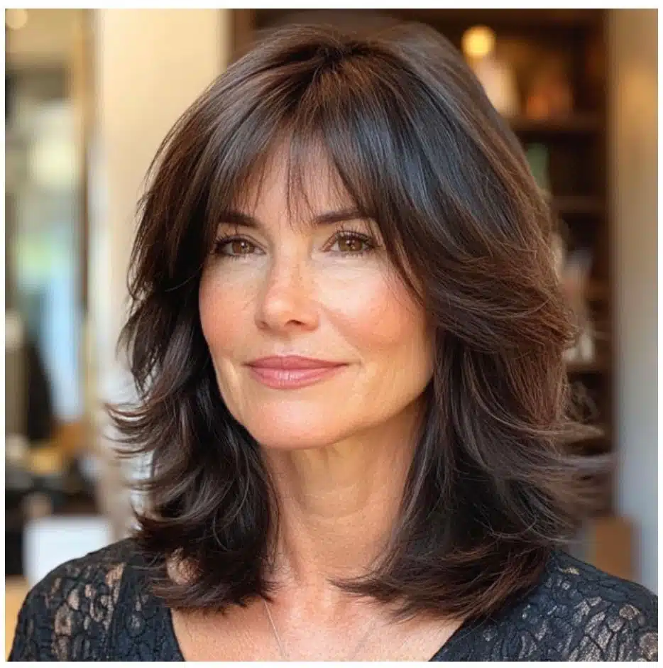 Mulher com franja cortininha, estilo moderno e leve, destacando o rosto de forma natural e jovial.