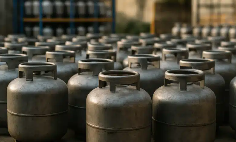 Botijões de gás de cozinha, com foco em várias unidades empilhadas, representando o programa de Auxílio Gás do Povo para famílias de baixa renda.
