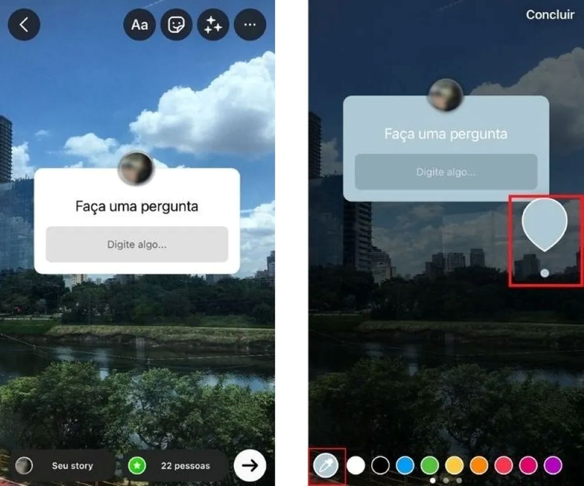 Interface do Instagram Stories mostrando opções para adicionar texto, filtros e um sticker de pergunta, ilustrando a criação de conteúdo interativo.