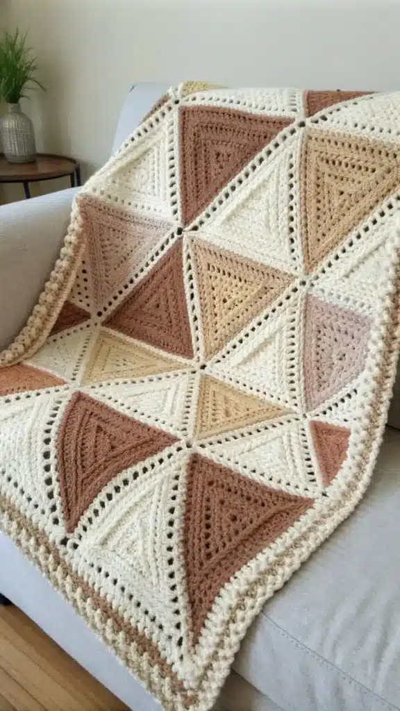 Imagem de uma manta de crochê com padrões de triângulos em cores neutras como bege, marrom e creme, exibida sobre um sofá.