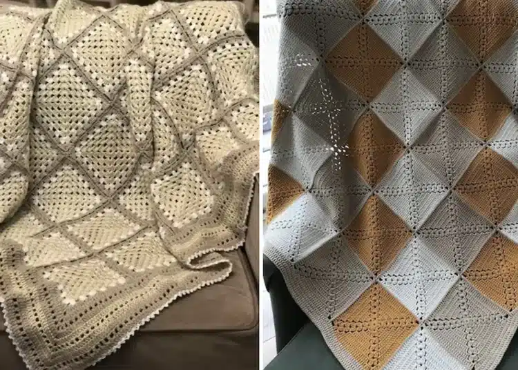 Imagem de uma manta de crochê geométrica em tons neutros e modernos, ideal para a decoração de salas.