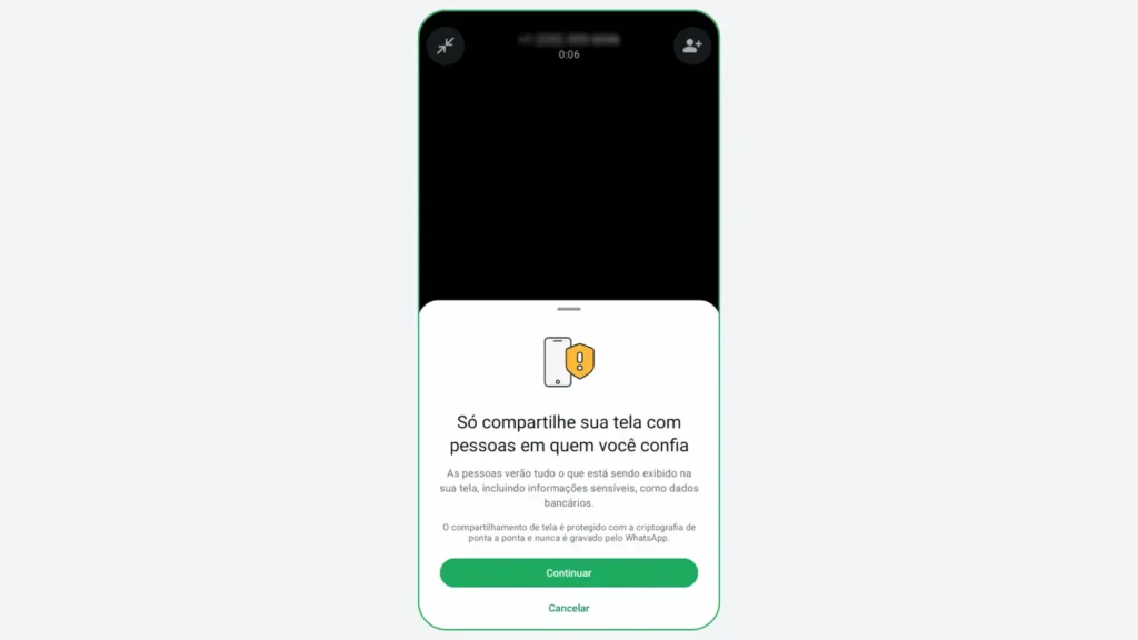 Alerta de segurança do WhatsApp exibido ao iniciar compartilhamento de tela com número desconhecido.