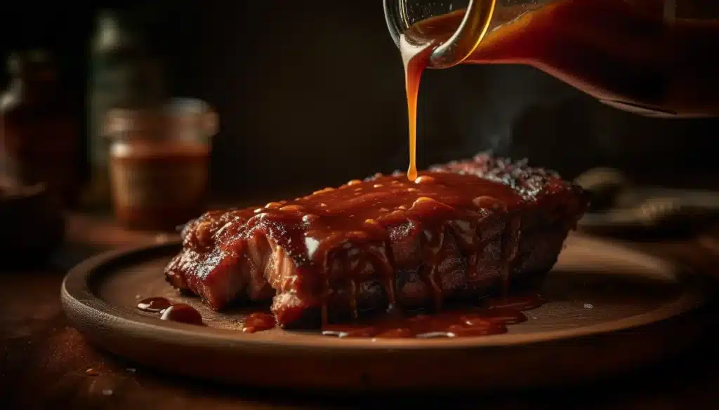 Costela suculenta coberta com molho barbecue caseiro, sendo servido em um prato de madeira.