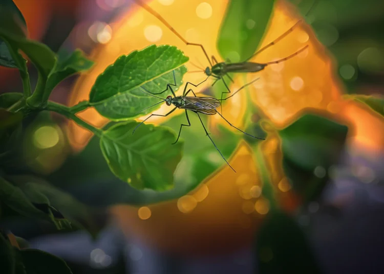 Dois mosquitos pousados em folhas verdes de plantas repelentes, com fundo iluminado.