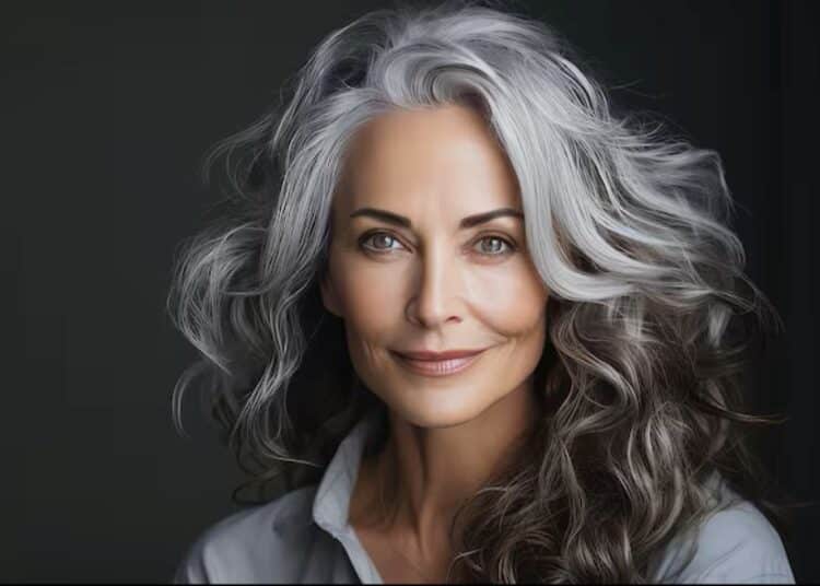 Mulher madura com cabelos grisalhos longos e ondulados, sorrindo, representando um visual rejuvenescido.