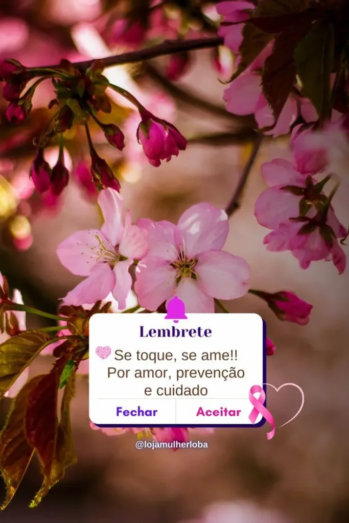 Mensagem de prevenção ao câncer de mama com flores rosa.