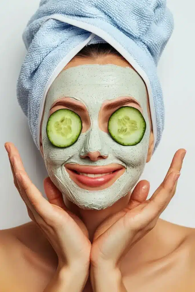 Mulher com máscara facial e fatias de pepino nos olhos, demonstrando os benefícios do pepino para a pele.