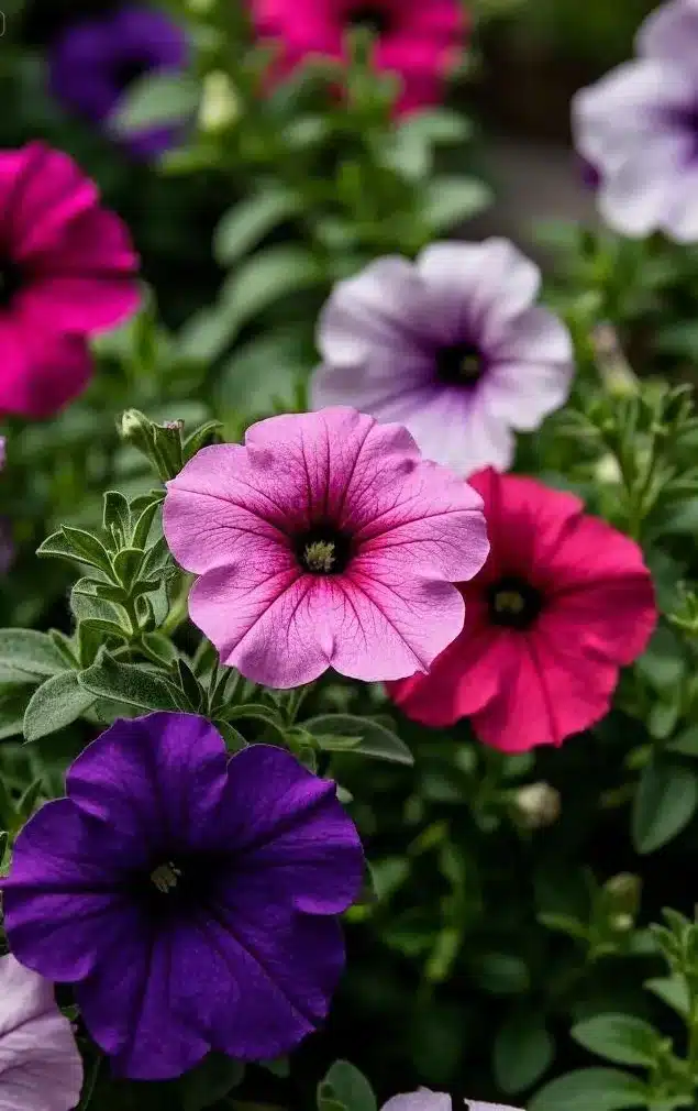 Petúnias coloridas florescendo, representando a beleza de suas flores.
