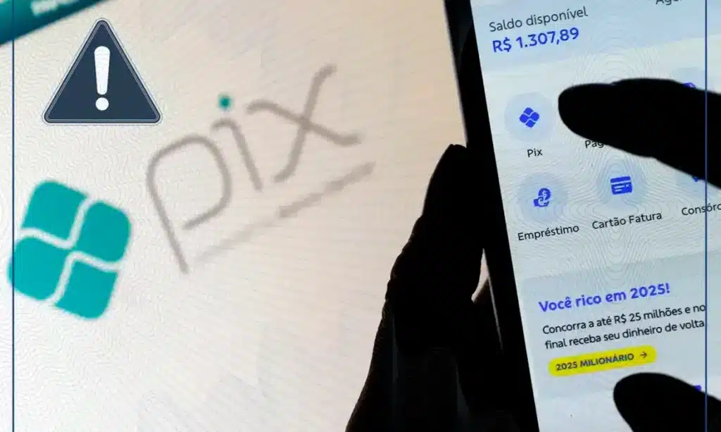 Tela de celular mostrando o app Pix com saldo disponível, alerta e opções de pagamento.