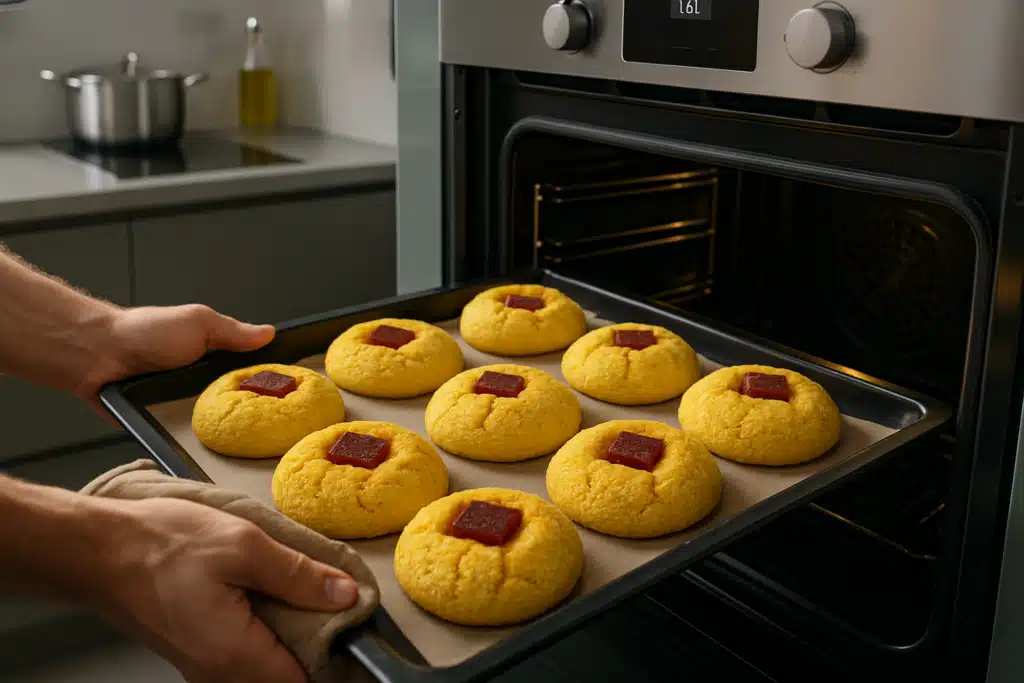 Broa de milho caseira com pedaço de goiabada no topo, saindo do forno.