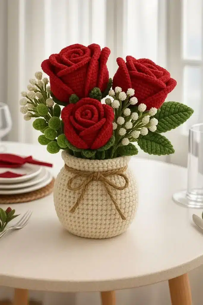 Arranjo de flores de crochê com rosas vermelhas em vaso decorativo
