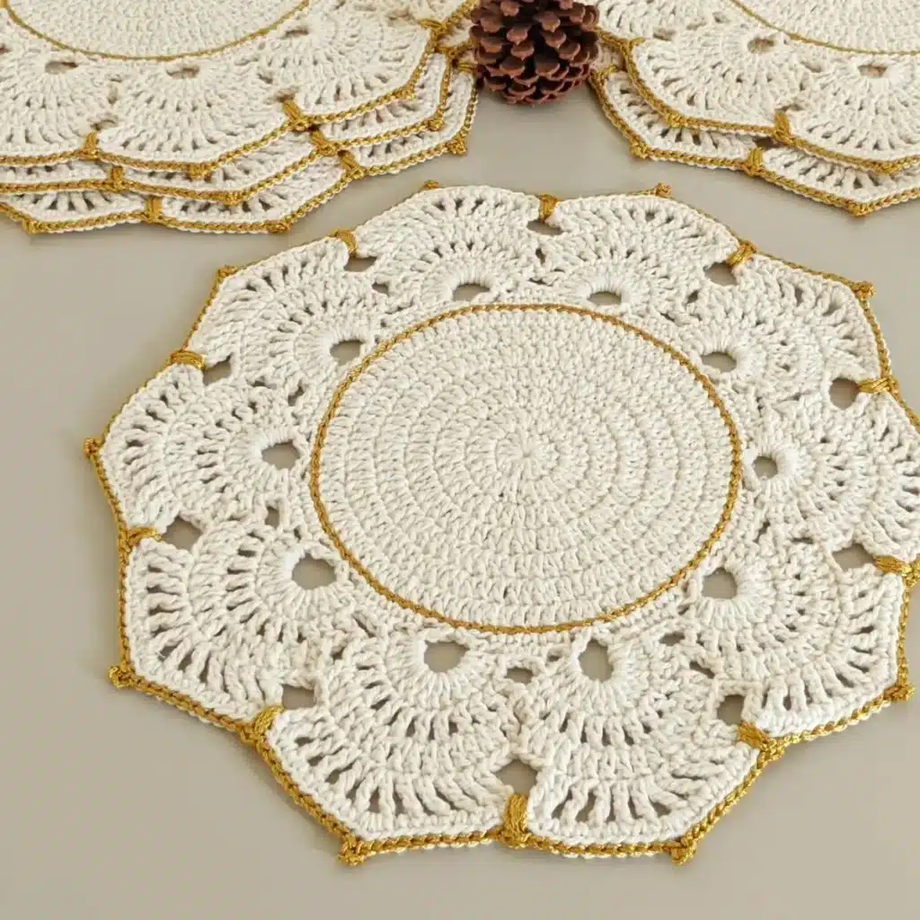 Sousplat de crochê elegante com borda dourada, destacando o delicado acabamento em fios dourados.