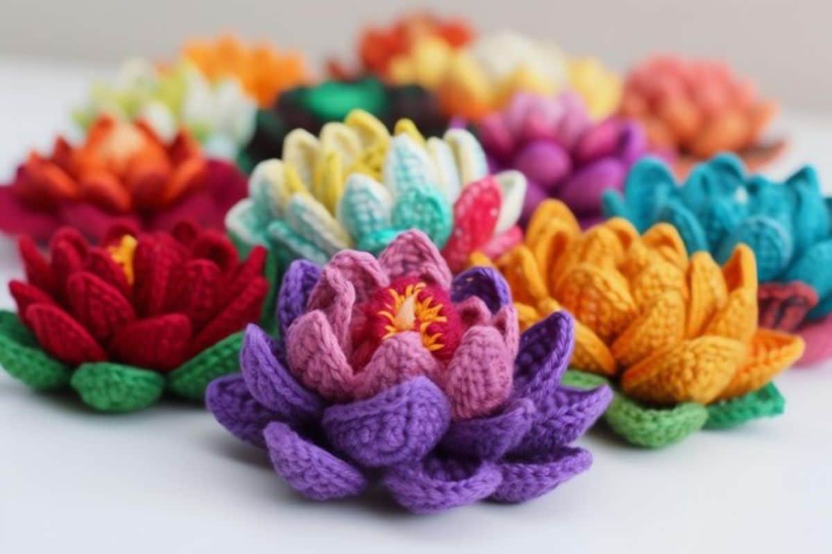 Coleção de flores de crochê 3D coloridas em tons de roxo, vermelho e amarelo, ilustrando combinações de cores harmoniosas.