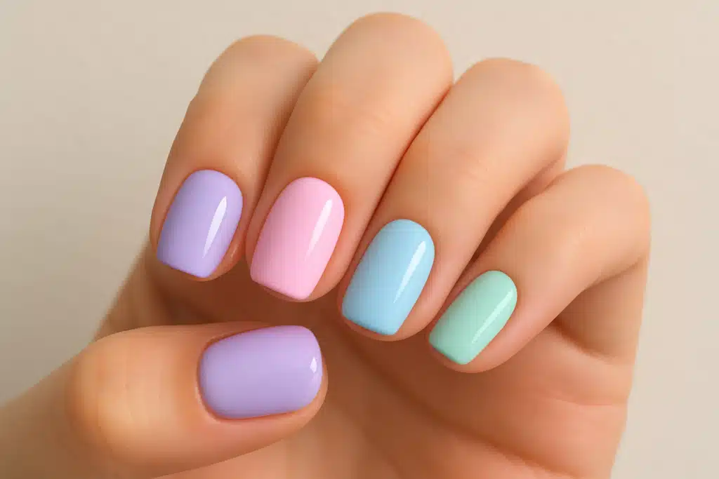 Imagem de unhas pintadas com esmaltes em tons pastéis, incluindo lilás, rosa, azul e verde.