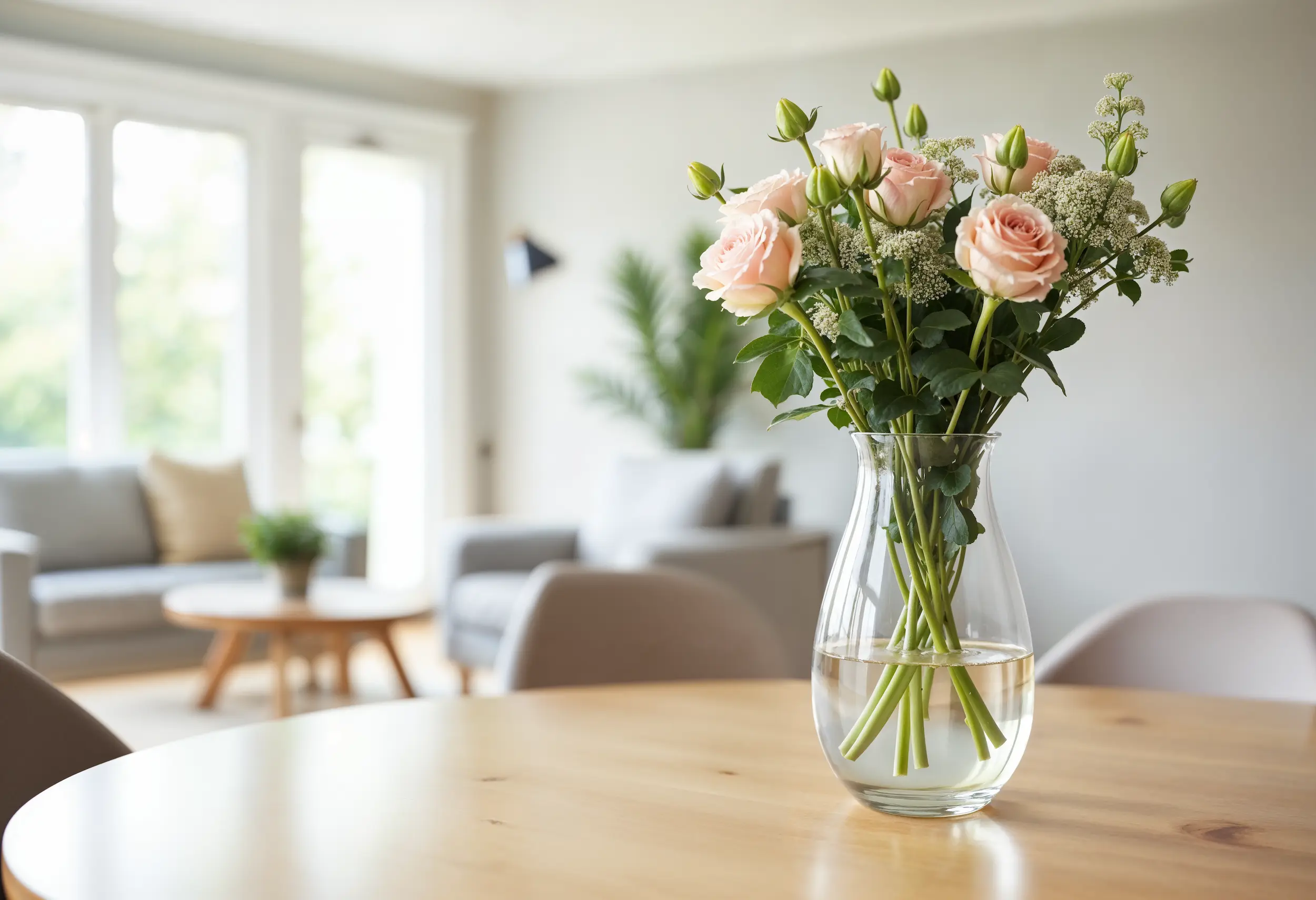 rranjo simples de flores em um vaso de vidro, em ambiente moderno, transformando a decoração com toques de frescor e elegância.
