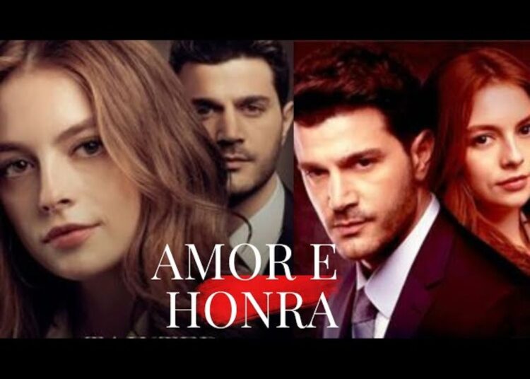 Retrato dos protagonistas da novela turca Amor e Honra, mostrando casal masculino e feminino em expressão séria