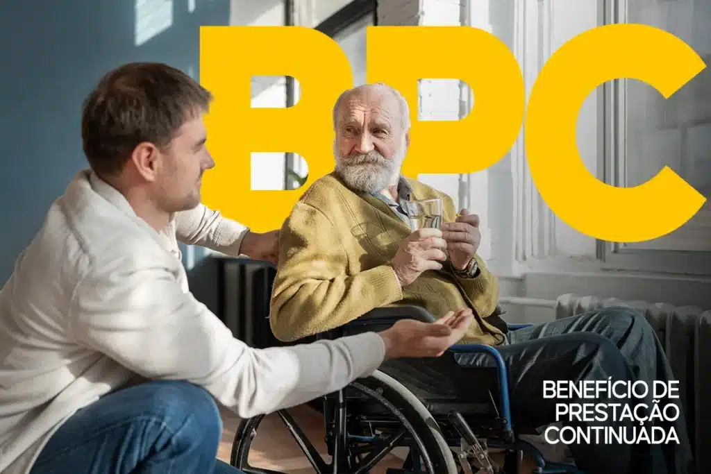 Imagem de um idoso em cadeira de rodas recebendo assistência de um homem, com o texto 'BPC' em destaque ao fundo, referindo-se ao Benefício de Prestação Continuada.