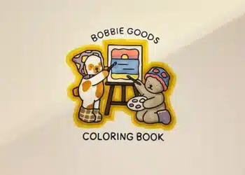Ilustração colorida do logotipo da Bobbie Goods, com um pinguim e um urso pintando uma tela, representando a criatividade acessível para todos.
