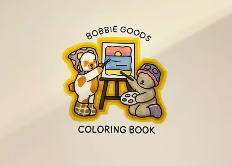 Ilustração colorida do logotipo da Bobbie Goods, com um pinguim e um urso pintando uma tela, representando a criatividade acessível para todos.