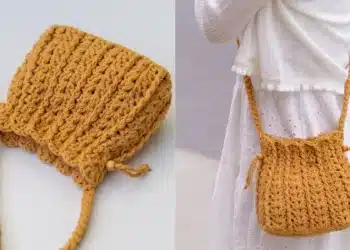 Bolsa de crochê amarela com alças longas e design trançado.
