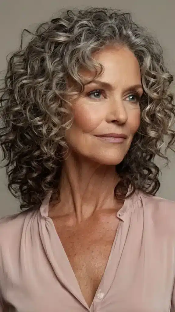 Mulher com cabelo cacheado e camadas, com fios volumosos e naturais, usando blusa rosa clara. Estilo sofisticado e elegante.