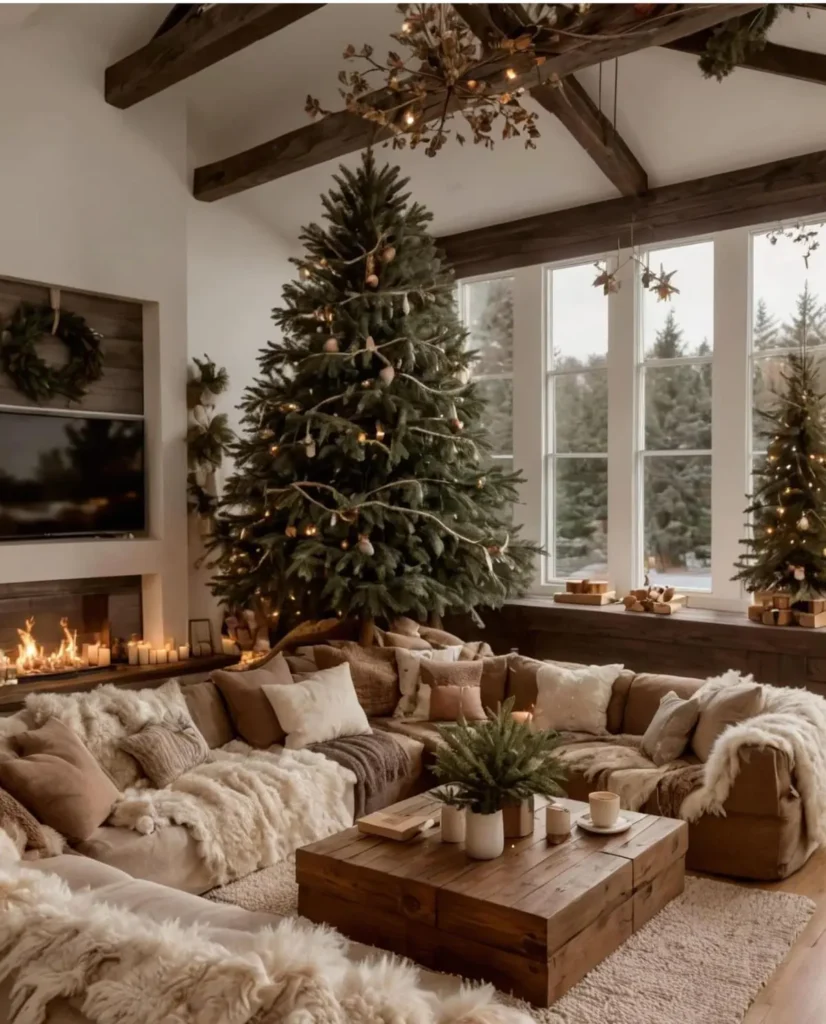 Sala de estar decorada para o Natal, com árvores iluminadas e móveis em tons neutros, criando um ambiente aconchegante e sofisticado.