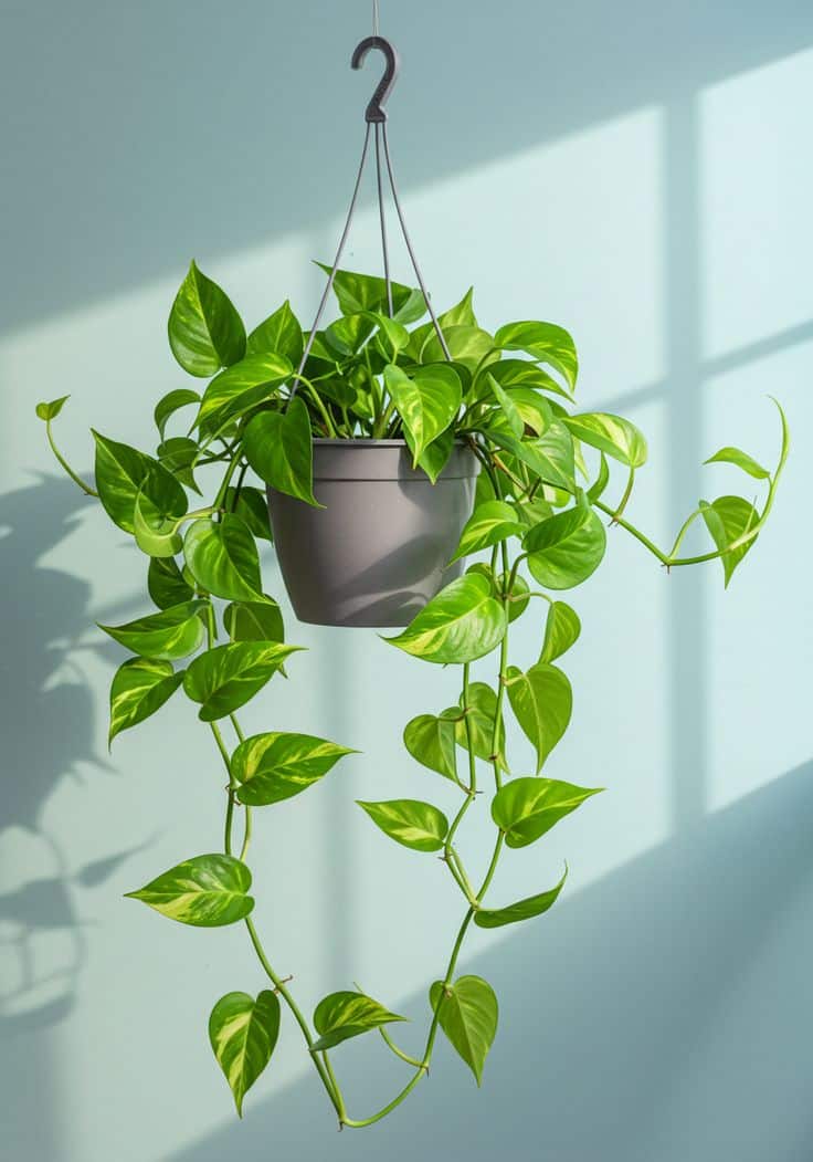 Planta Jiboia (Epipremnum aureum) pendurada em vaso cinza, exibindo suas folhas verdes e variegatas que caem em cascata, ideal para ambientes internos.