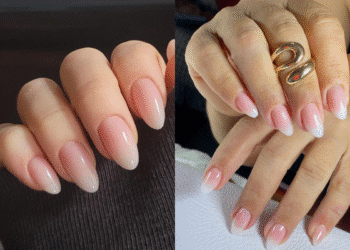 Montagem dupla mostrando dois estilos de unhas baby-boomer: um mais longo no formato amendoado e outro mais curto com anel, ambos com o efeito degradê de branco para nude.