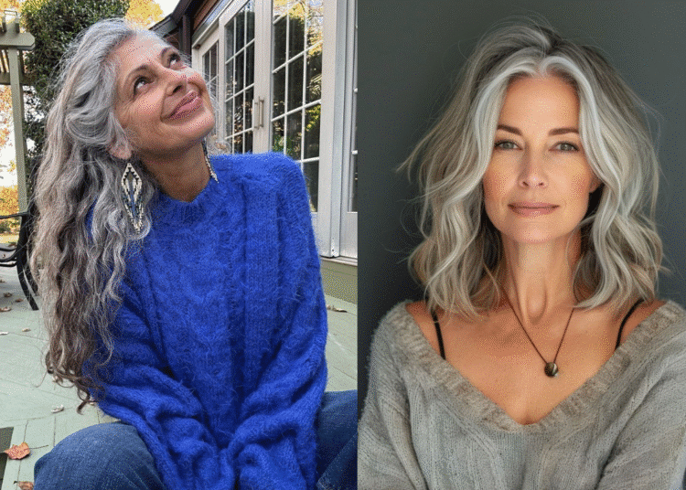 Duas mulheres com cabelos grisalhos, uma usando suéter azul vibrante e outra usando um suéter cinza neutro. A imagem ilustra as cores de roupa que valorizam o visual de cabelos brancos.