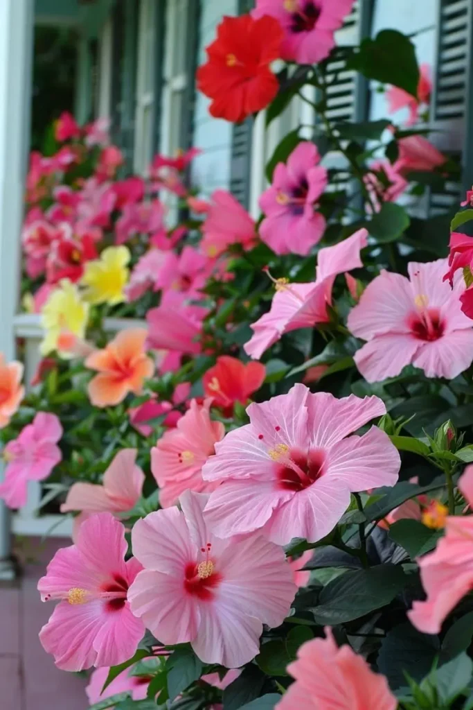 Flores coloridas de hibisco em uma varanda com tonalidades de rosa, vermelho e amarelo, com folhas verdes ao fundo.
