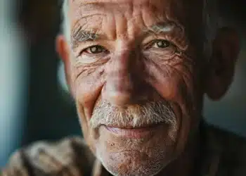 Close de rosto de homem idoso sorridente com rugas, bigode grisalho e olhar sereno