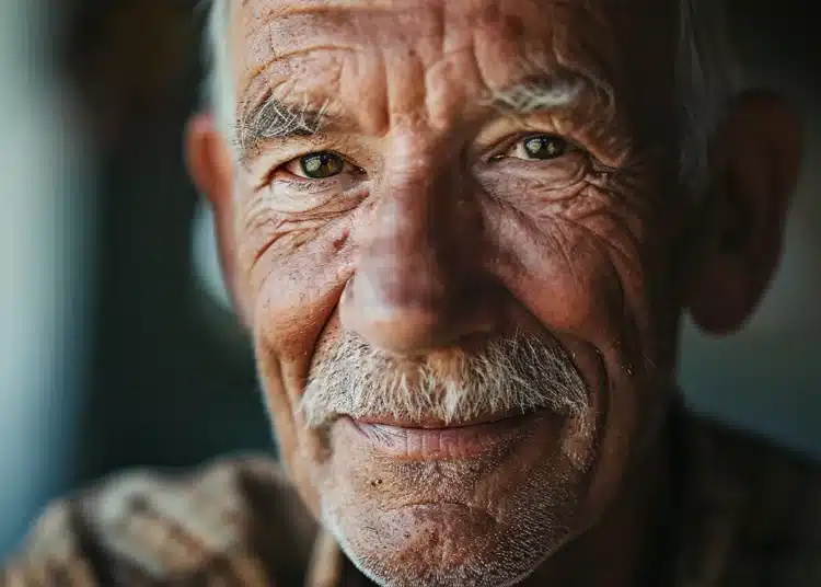 Close de rosto de homem idoso sorridente com rugas, bigode grisalho e olhar sereno