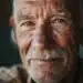 Close de rosto de homem idoso sorridente com rugas, bigode grisalho e olhar sereno