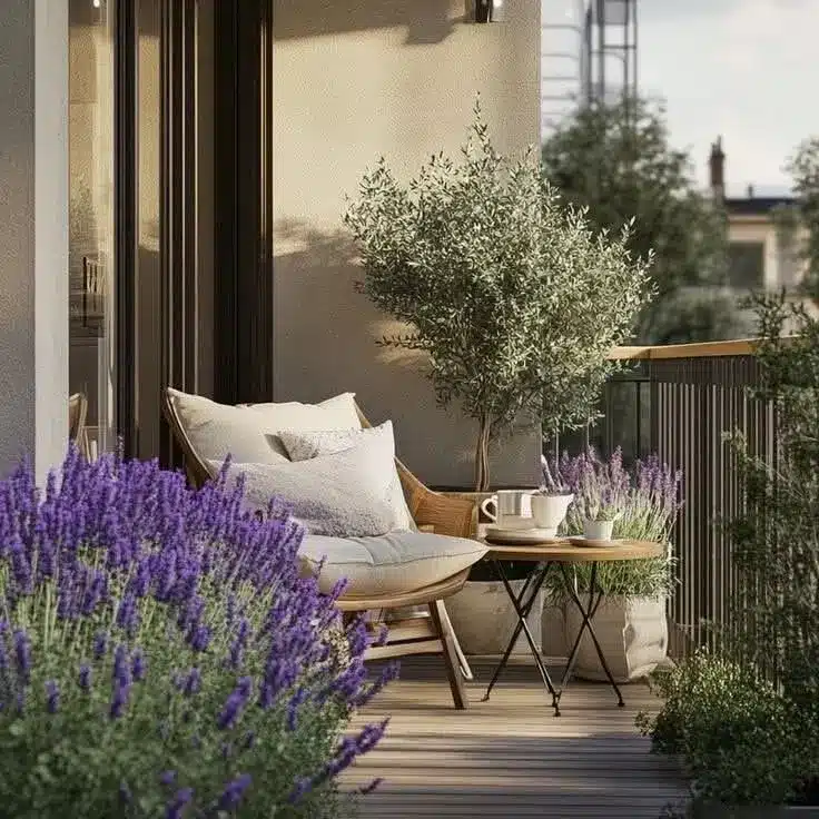 Varanda com lavanda, árvore de oliveira e uma cadeira confortável.