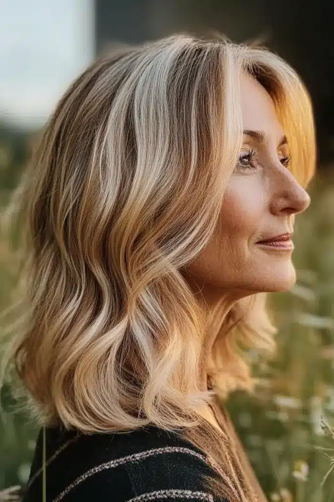 Mulher com cabelo loiro champanhe suave em perfil, com reflexos dourados e prateados, em ambiente natural com fundo desfocado.