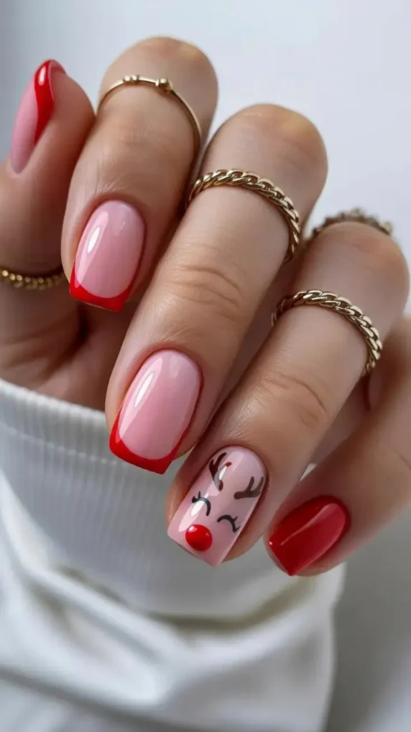 Nail art de rena minimalista Unhas com francesinha vermelha e design minimalista de rena, perfeito para o Natal.