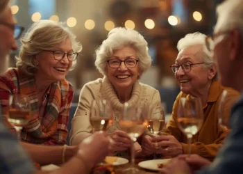 Grupo de amigos idosos celebrando e brindando com taças de vinho em ambiente festivo, sugerindo um encontro de Réveillon 2026.