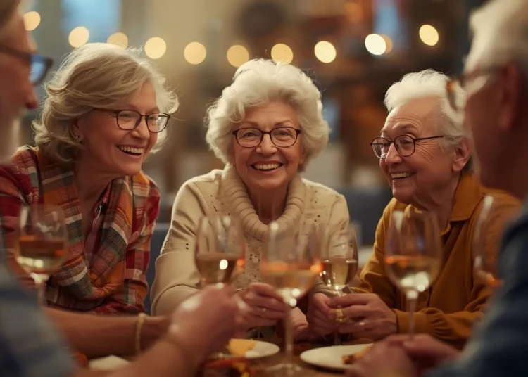 Grupo de amigos idosos celebrando e brindando com taças de vinho em ambiente festivo, sugerindo um encontro de Réveillon 2026.