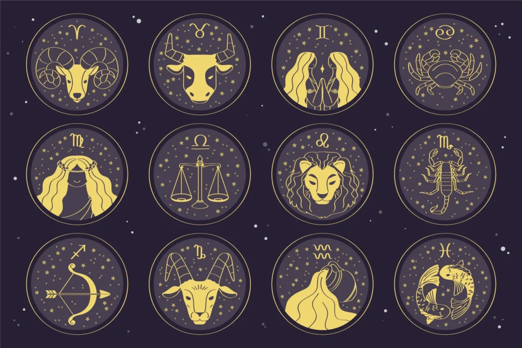Ilustração dos doze signos do zodíaco em estilo dourado sobre fundo estrelado.