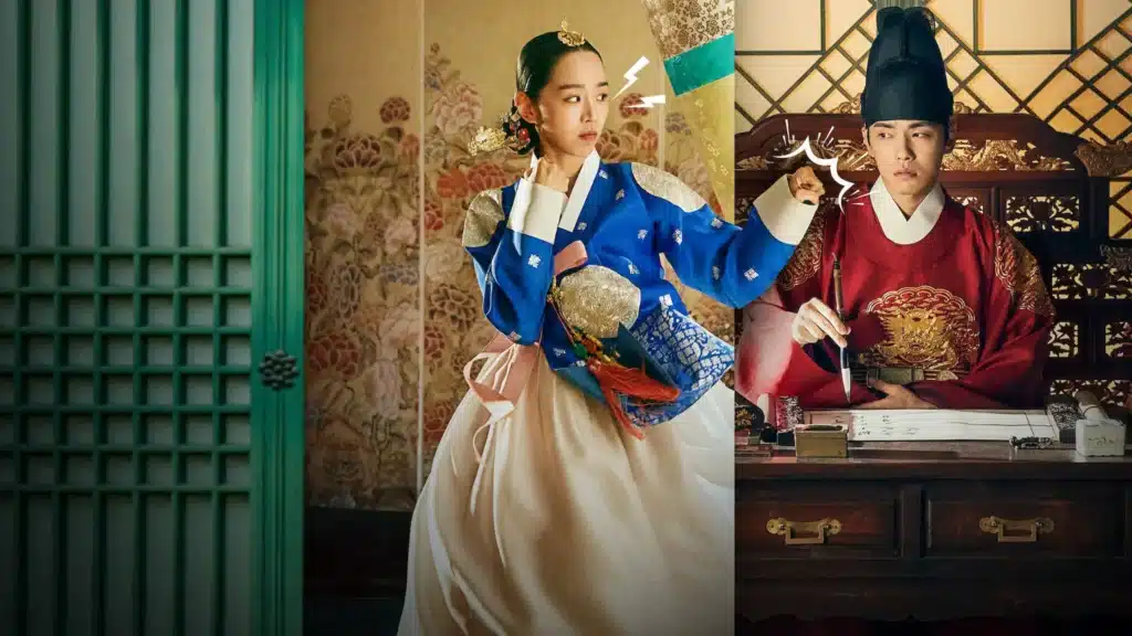 Personagens principais de Sr. Rainha (2020), com a rainha Cheorin e o rei interagindo em um cenário da Era Joseon.