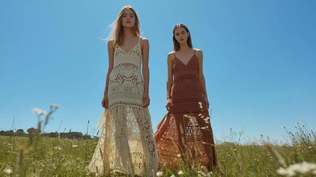Duas mulheres usando vestidos longos de crochê estilo boho em um campo sob o céu azul.